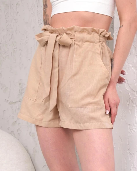 Kuşaklı keten şort bej s255265 - Resim 5