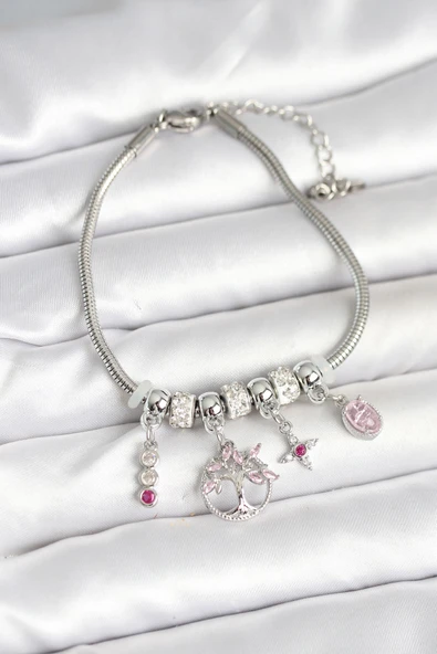 Pirinç Gümüş Renk Yaşam Ağacı Charmlı Kadın Bileklik - EBJ251004W38059 ürün görseli