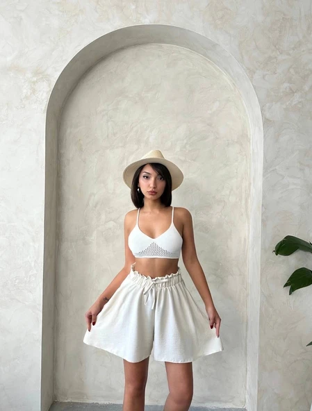 Volanlı keten şort bej s255058 - Resim 7