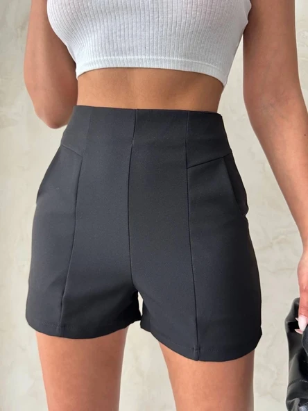 Yüksek bel parçalı double kumaş şort s25312 - Resim 4