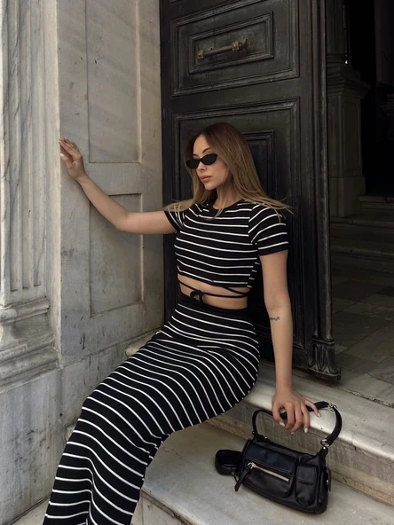 Çizgili etekli takım siyah s3609 - Resim 2