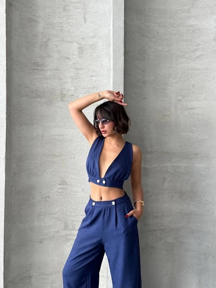 Crop pantolon keten takım s255012 - Resim 6