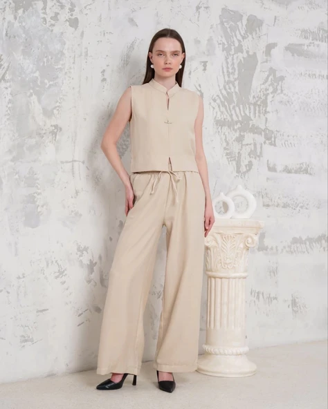 Broşlu yelek pantolon takım bej s255821 ürün görseli