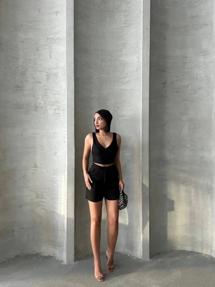 Şortlu keten takım s255014 - Resim 4