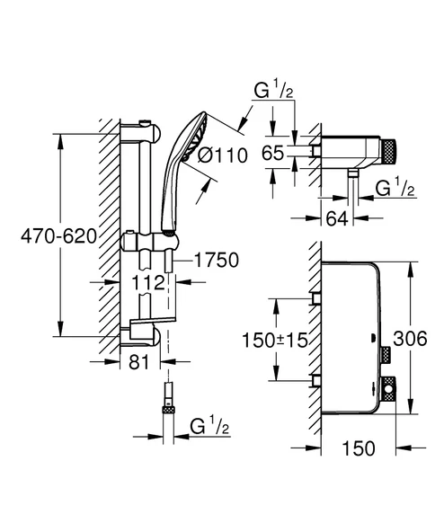 Grohe Grohtherm Smartcontrol Termostatik Duş Bataryası ve Sürgülü El Duş Takımı, Krom, 34720000 - 2