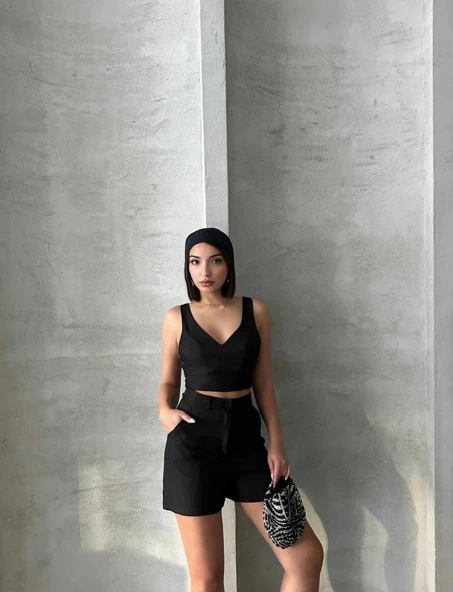 Şortlu keten takım s255014 - Resim 6