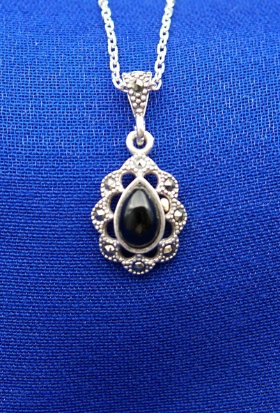 925 Ayar Kadın Oltu Taşı Kadın Kolye sk00096 - Resim 2