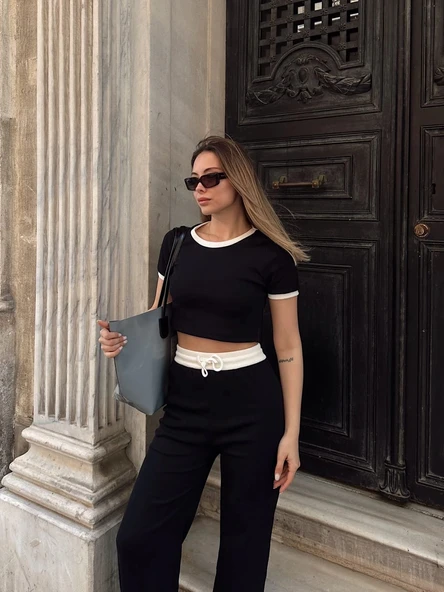 Crop pantolon biyeli takım siyah - Resim 7
