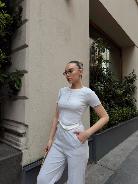 Düğme yakalı gri alt üst takım s3943 - Resim 5