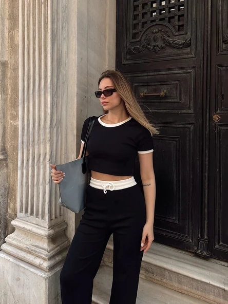 Crop pantolon biyeli takım siyah - Resim 4