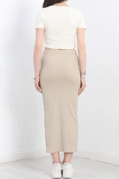 Nakışlı etekli takım bej beyaz s3899 - Resim 3