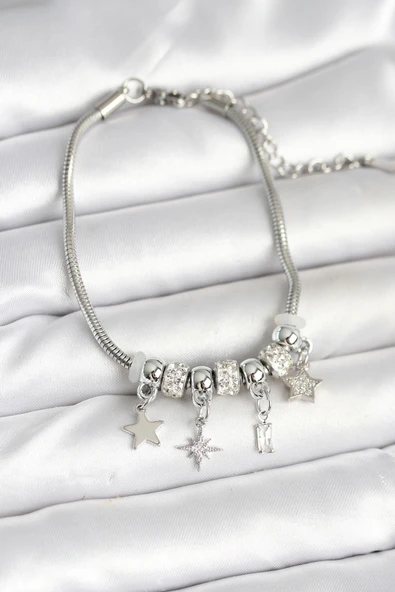 Pirinç Gümüş Renk Kutup Yıldızı Charmlı Kadın Bileklik - EBJ251004W38061 ürün görseli