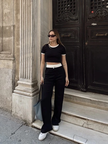 Crop pantolon biyeli takım siyah ürün görseli 1