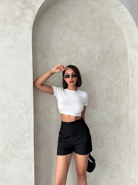 Yüksek bel parçalı double kumaş şort s25312 - Resim 6