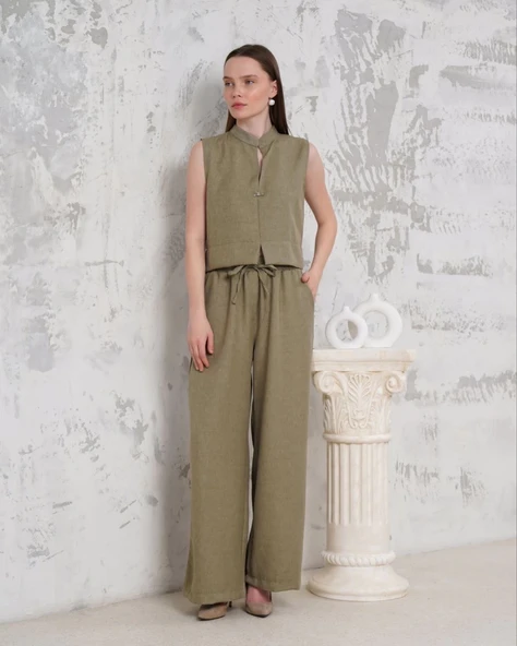 Broşlu yelek pantolon takım haki s255821 - Resim 3