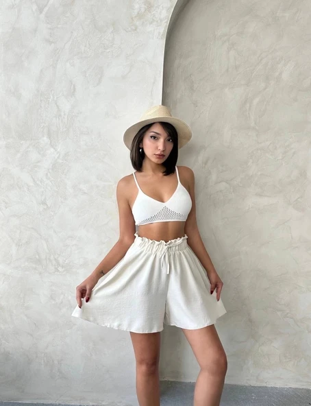 Volanlı keten şort bej s255058 - Resim 6