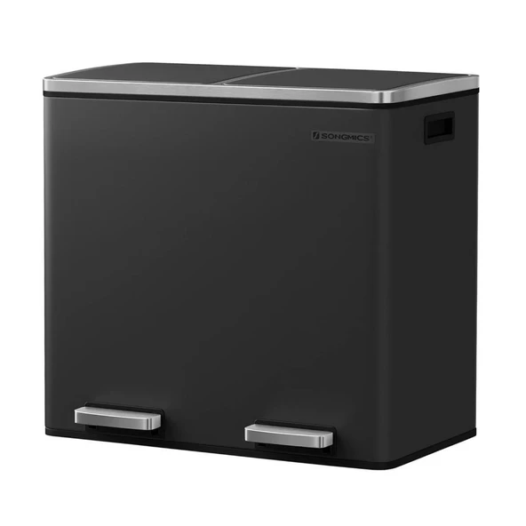 SONGMICS 2 Bölmeli Atık Ayırma Sistemli Pedallı Çöp Kovası, Atık Kovası, Mutfak İçin, 2 x 24 L, Yumuşak Kapanmalı, Plastik İç Kova, Pedallı ve Kulplu, Siyah, Ltb48Bk Outlet