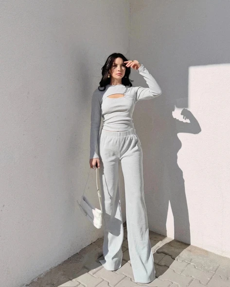 Pencereli detaylı alt üst takım gri w3864 ürün görseli 1