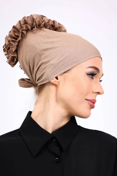 Loggia Kaymayan Fırfırlı Silikonlu Dikişsiz Bone - Kaymaz Kadın Tesettür Bağlamalı İç Bone-Vizon - Resim 5