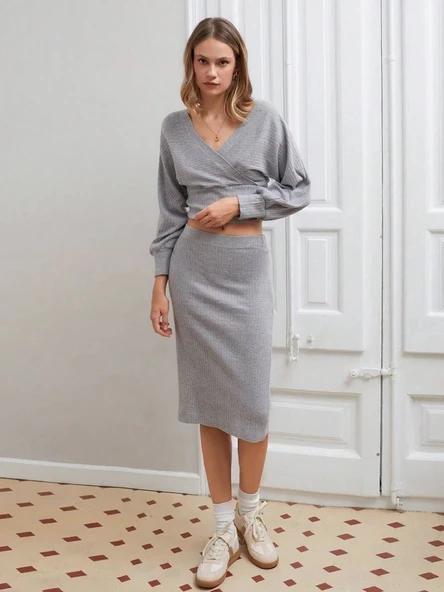 Kruvaze şardonlu etekli takım gri - Resim 2