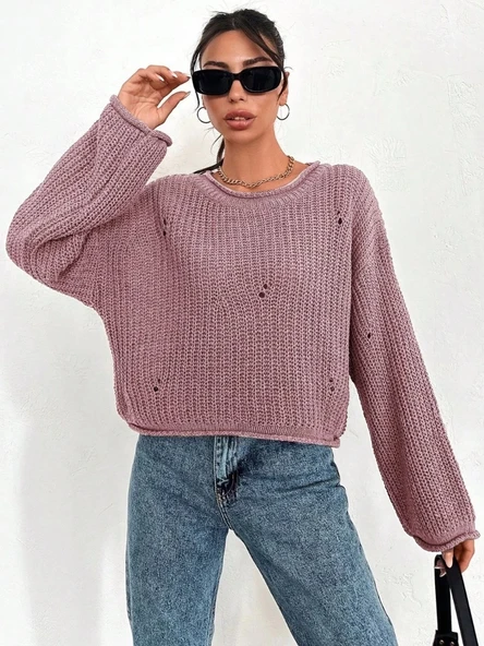 Salaş delik detaylı kazak pembe - Resim 3