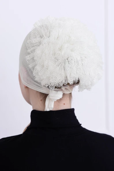 Loggia Fırfırlı Önden Dikişli Penye Bone - Kadın Tesettür Bağlamalı Topuz İç Bone-Ekru - Kırık Beyaz - Resim 7