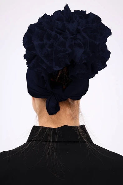 Loggia Kaymayan Fırfırlı Silikonlu Dikişsiz Bone - Kaymaz Kadın Tesettür Bağlamalı İç Bone-Lacivert - Resim 8