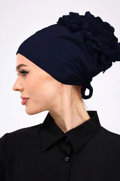 Loggia Kaymayan Fırfırlı Silikonlu Dikişsiz Bone - Kaymaz Kadın Tesettür Bağlamalı İç Bone-Lacivert - Resim 7