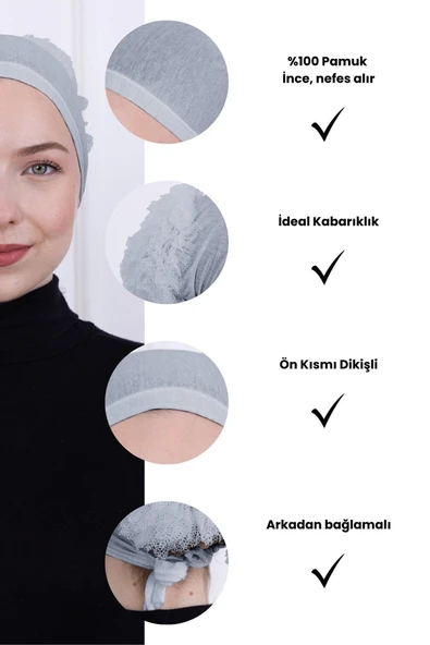 Loggia Fırfırlı Önden Dikişli Penye Bone - Kadın Tesettür Bağlamalı Topuz İç Bone-Açık Gri - Resim 3