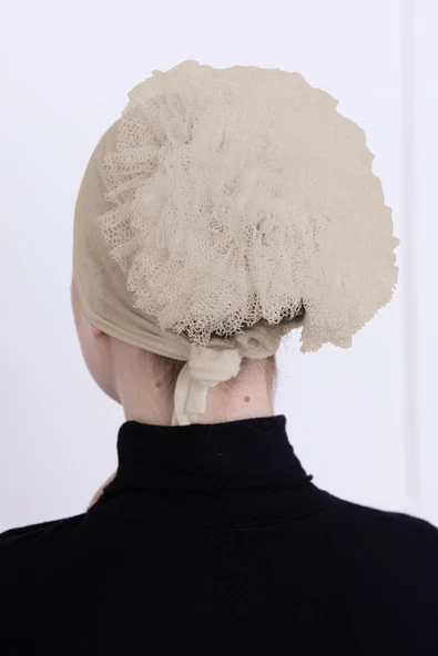 Loggia Fırfırlı Önden Dikişli Penye Bone - Kadın Tesettür Bağlamalı Topuz İç Bone-Krem - Resim 7