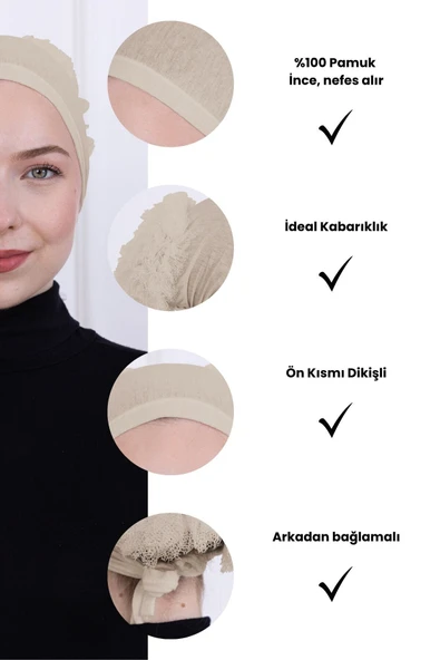 Loggia Fırfırlı Önden Dikişli Penye Bone - Kadın Tesettür Bağlamalı Topuz İç Bone-Krem - Resim 3