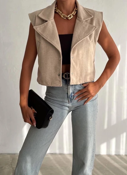 Önü çıtçıtlı cepli kaşe yelek bej f2253 - 2