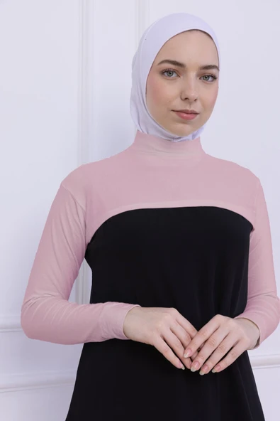 Loggia Balıkçı Yaka Boyunluklu Kolluk - Likralı Kadın Body Tesettür Crop Bolero-Pudra - 4