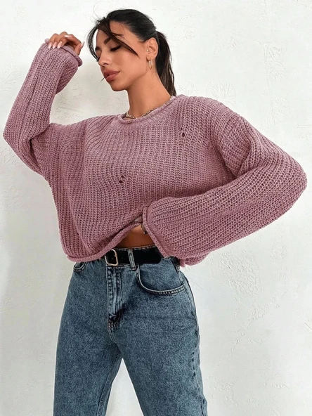 Salaş delik detaylı kazak pembe ürün görseli 1