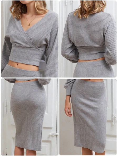 Kruvaze şardonlu etekli takım gri - Resim 5