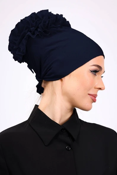 Loggia Kaymayan Fırfırlı Silikonlu Dikişsiz Bone - Kaymaz Kadın Tesettür Bağlamalı İç Bone-Lacivert - Resim 5