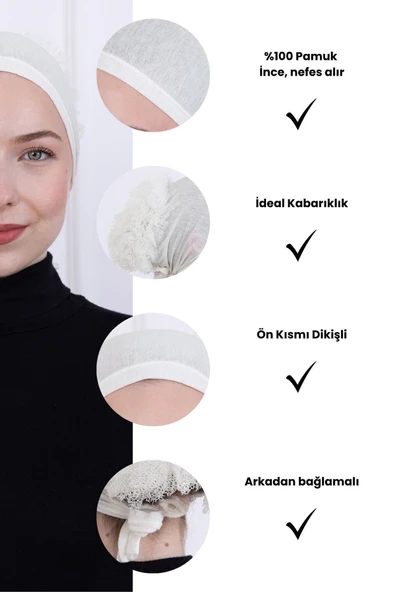 Loggia Fırfırlı Önden Dikişli Penye Bone - Kadın Tesettür Bağlamalı Topuz İç Bone-Ekru - Kırık Beyaz - Resim 3