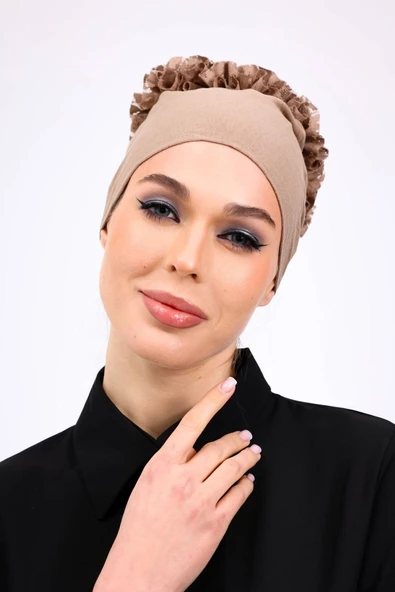 Loggia Kaymayan Fırfırlı Silikonlu Dikişsiz Bone - Kaymaz Kadın Tesettür Bağlamalı İç Bone-Vizon - Resim 2