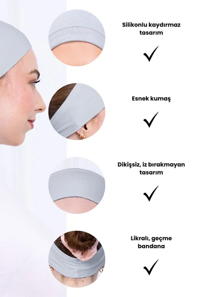 Loggia Kaymayan Silikonlu Bandana Bone - Sportif Saç Bandı-Açık Gri - 3