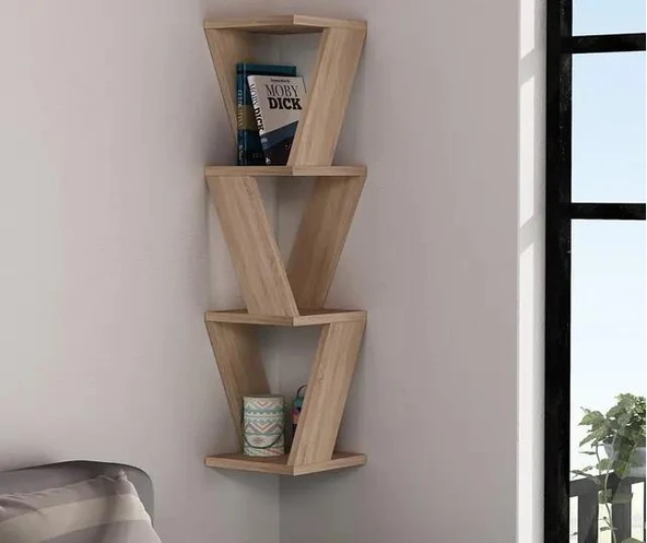 Köşe Duvar Rafı / Kitaplık Atlantik Çam 22x22x85 Modern Minimalist Köşe Duvar Rafı