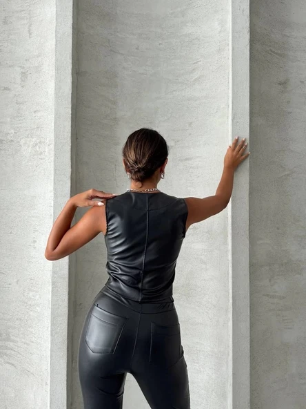 Kaplama düğmeli deri yelek siyah s24398 - 6