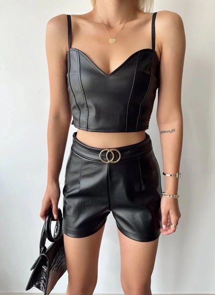 Tokalı deri şort siyah s24444 - Resim 3