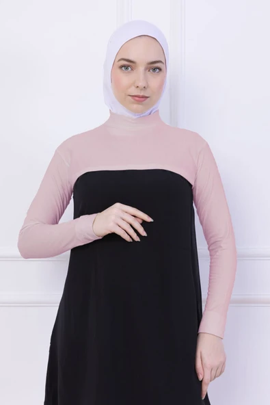 Loggia Balıkçı Yaka Boyunluklu Kolluk - Likralı Kadın Body Tesettür Crop Bolero-Pudra - 2
