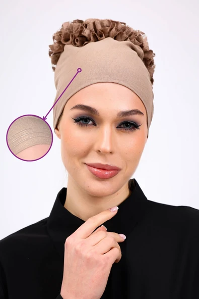 Loggia Kaymayan Fırfırlı Silikonlu Dikişsiz Bone - Kaymaz Kadın Tesettür Bağlamalı İç Bone-Vizon ürün görseli