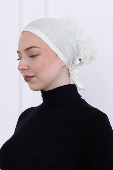 Loggia Fırfırlı Önden Dikişli Penye Bone - Kadın Tesettür Bağlamalı Topuz İç Bone-Ekru - Kırık Beyaz - Resim 2