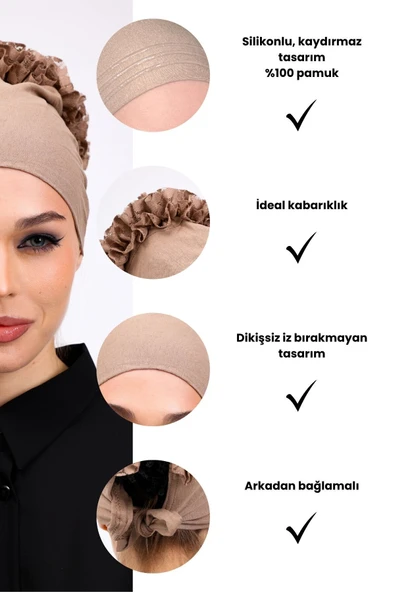 Loggia Kaymayan Fırfırlı Silikonlu Dikişsiz Bone - Kaymaz Kadın Tesettür Bağlamalı İç Bone-Vizon - Resim 3