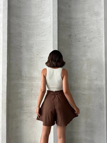 Volanlı keten şort kahve s255058 - Resim 5