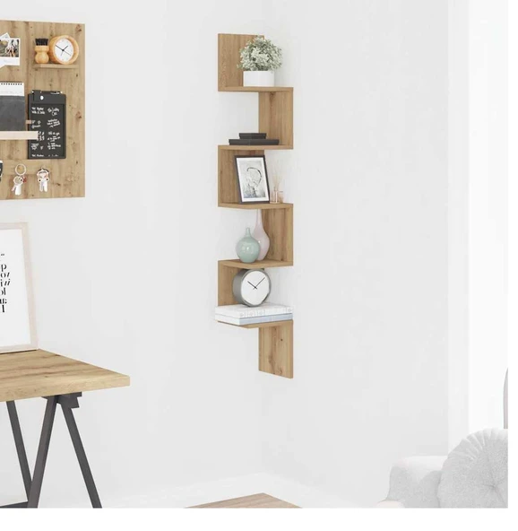 Zig Zag Köşe Duvar Rafı / Kitaplık Atlantik Çam 20x20x130 Modern Minimalist Köşe Rafı - 3