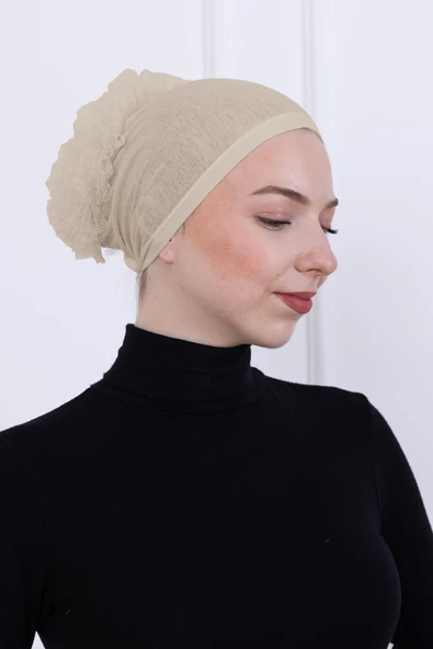 Loggia Fırfırlı Önden Dikişli Penye Bone - Kadın Tesettür Bağlamalı Topuz İç Bone-Krem ürün görseli