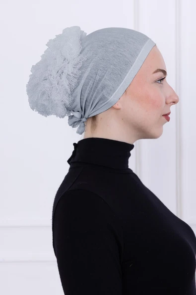 Loggia Fırfırlı Önden Dikişli Penye Bone - Kadın Tesettür Bağlamalı Topuz İç Bone-Açık Gri - Resim 5